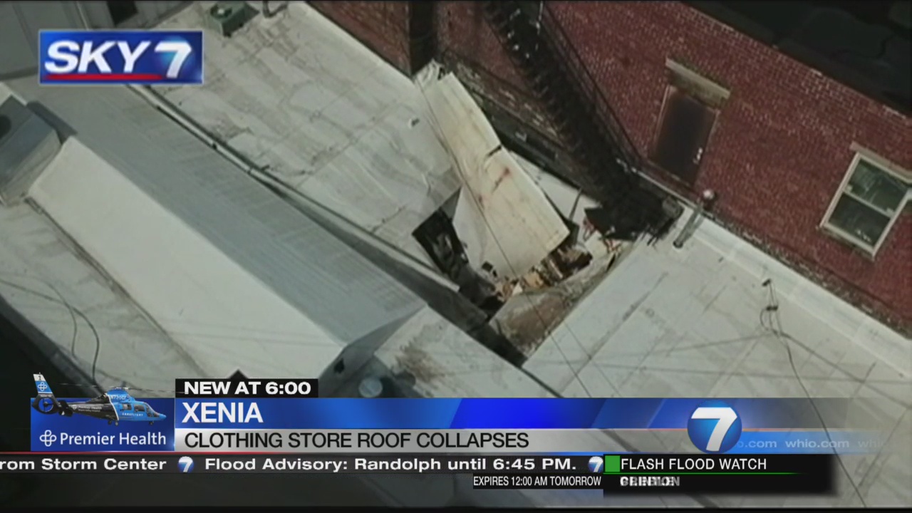 Part of the roof of a clothing store in Xenia collapses as a result of