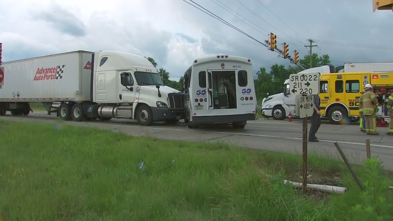 6 people hurt when paratransit bus and tractor trailer crash on Route