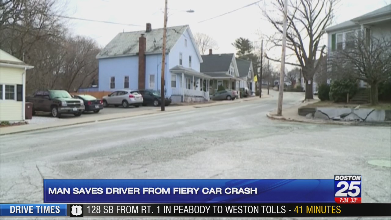 Bystander pulls driver from fiery crash in Rhode Island Boston 25 News