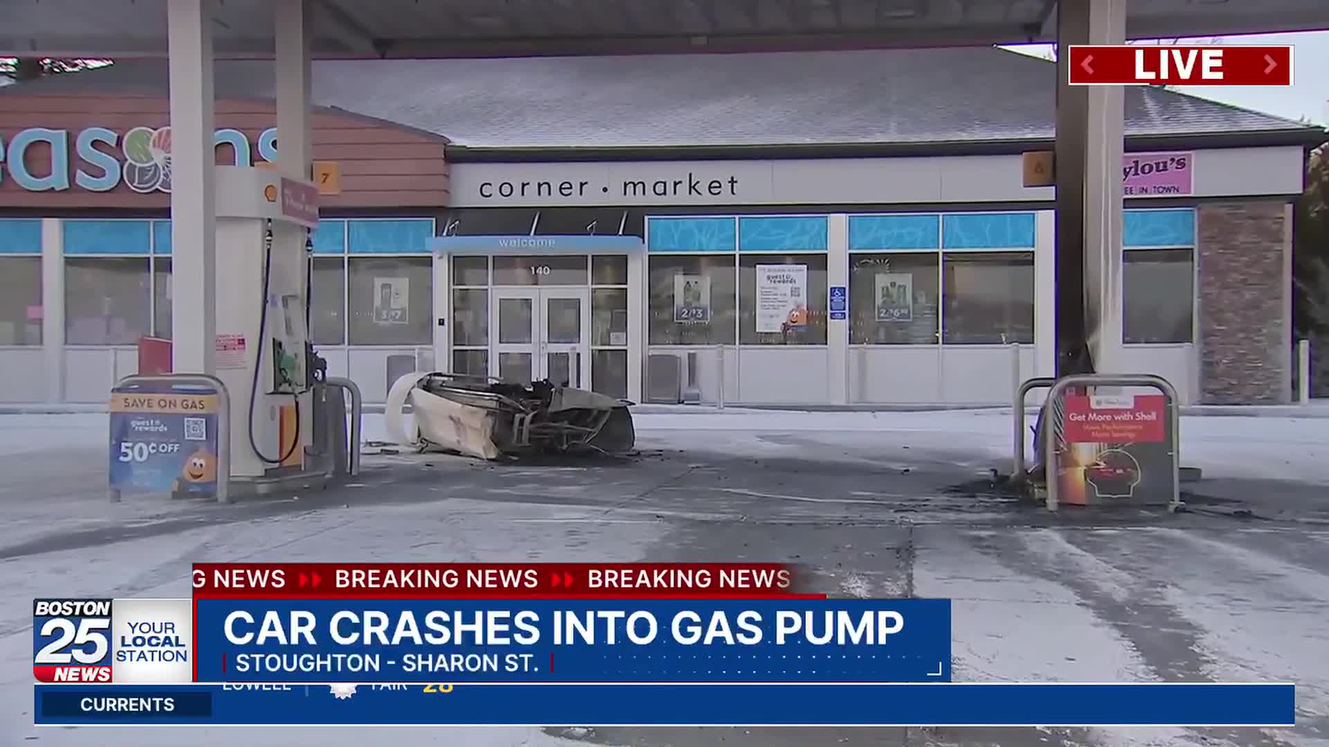 Car crashes into Stoughton gas pump, setting off fire suppression